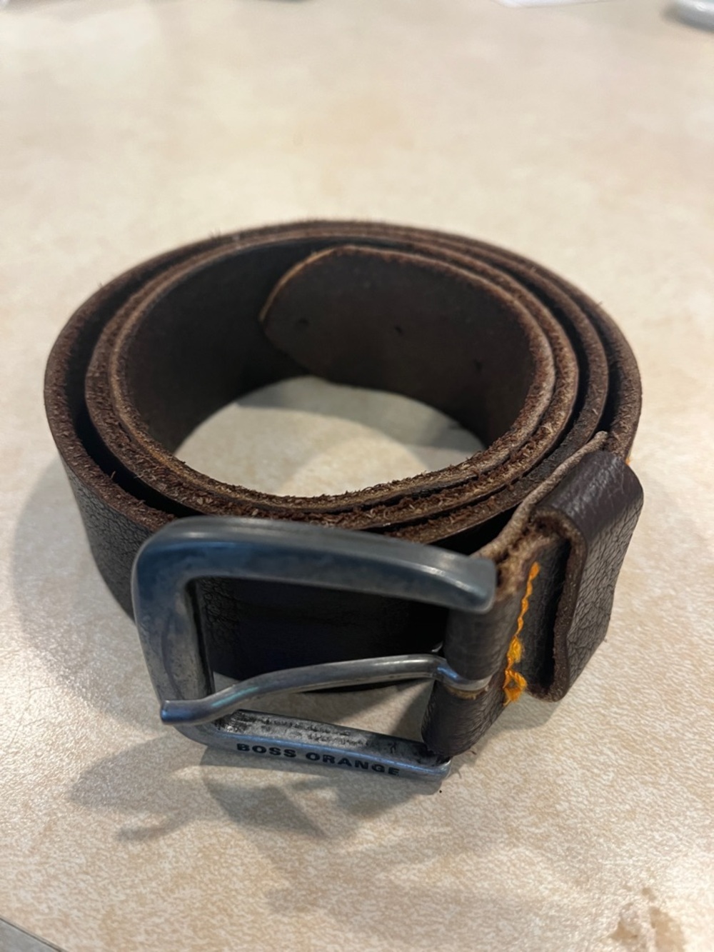 BOSS ORANGE Brown Leather Men's Belt with Metal Buckle
